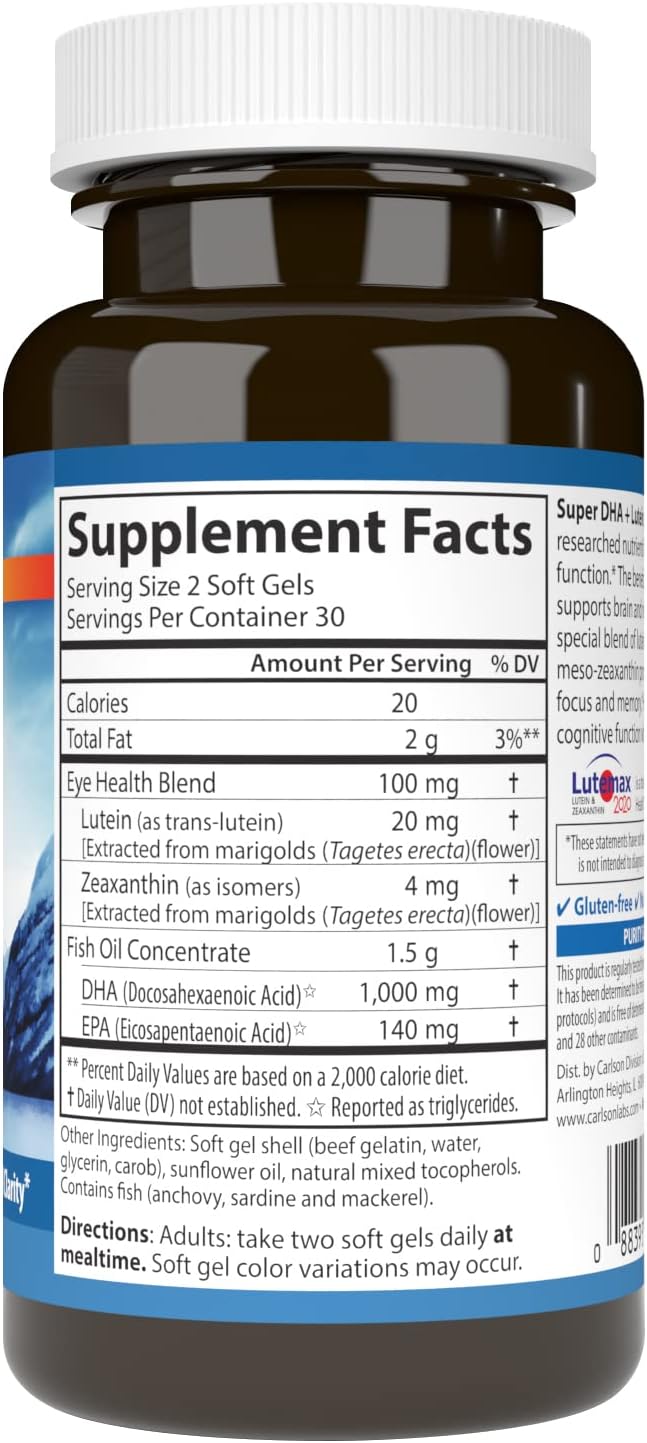 Carlson Super DHA Plus Lutein Softgels, High DHA and Lutein Formula, 60 Count