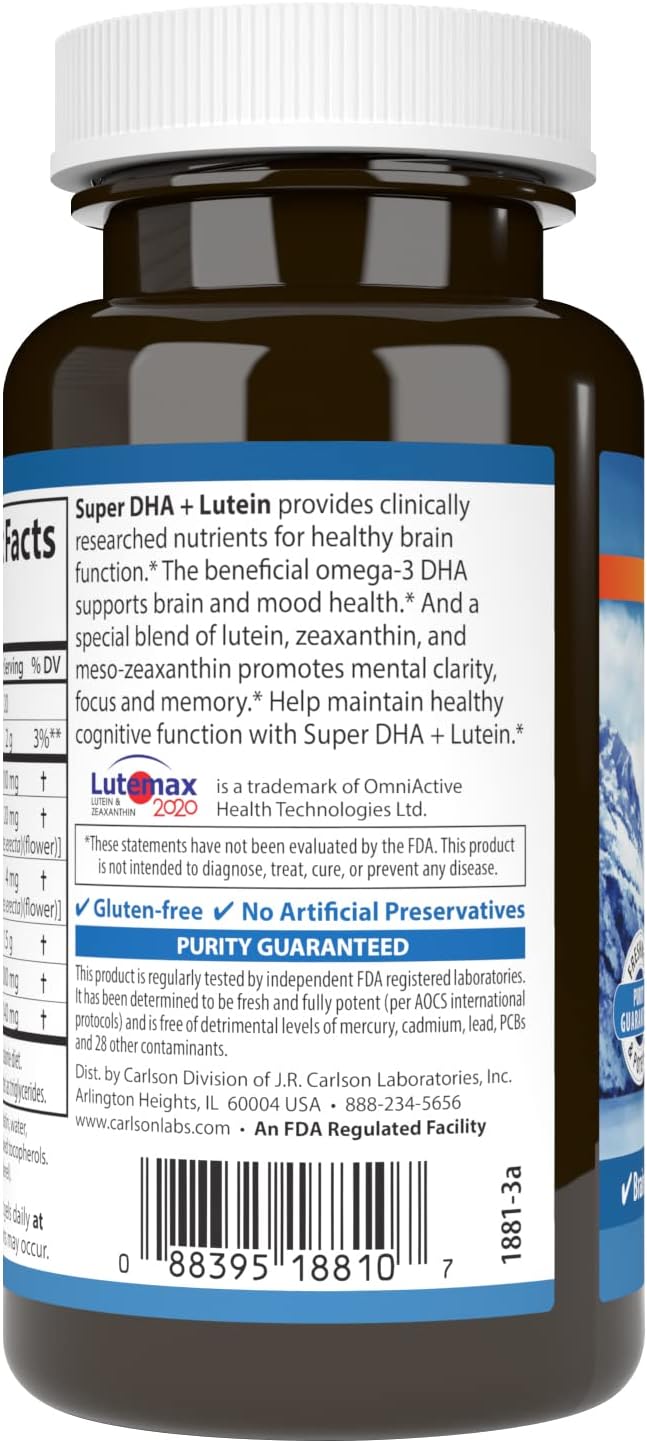 Carlson Super DHA Plus Lutein Softgels, High DHA and Lutein Formula, 60 Count