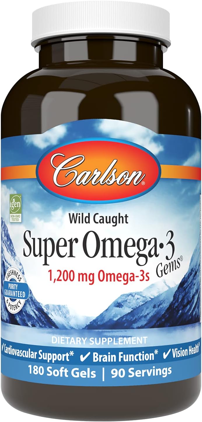Carlson Super Omega-3 Gems 1200mg Soft Gels for Cardiovascular, Brain, and Vision Health - 180 Count