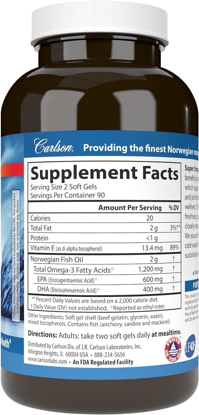 Carlson Super Omega-3 Gems 1200mg Soft Gels for Cardiovascular, Brain, and Vision Health - 180 Count