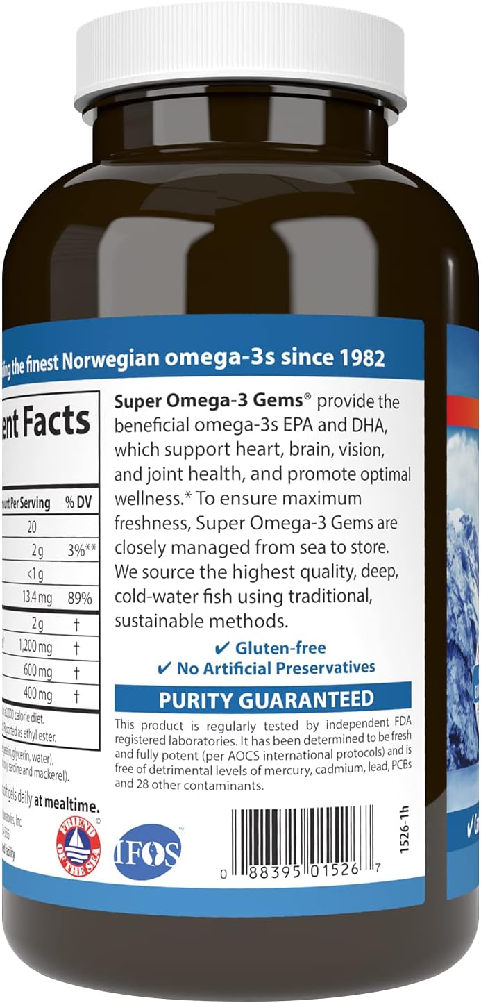 Carlson Super Omega-3 Gems 1200mg Soft Gels for Cardiovascular, Brain, and Vision Health - 180 Count