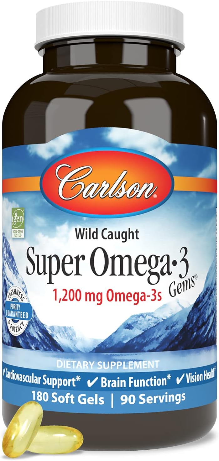 Carlson Super Omega-3 Gems 1200mg Soft Gels for Cardiovascular, Brain, and Vision Health - 180 Count