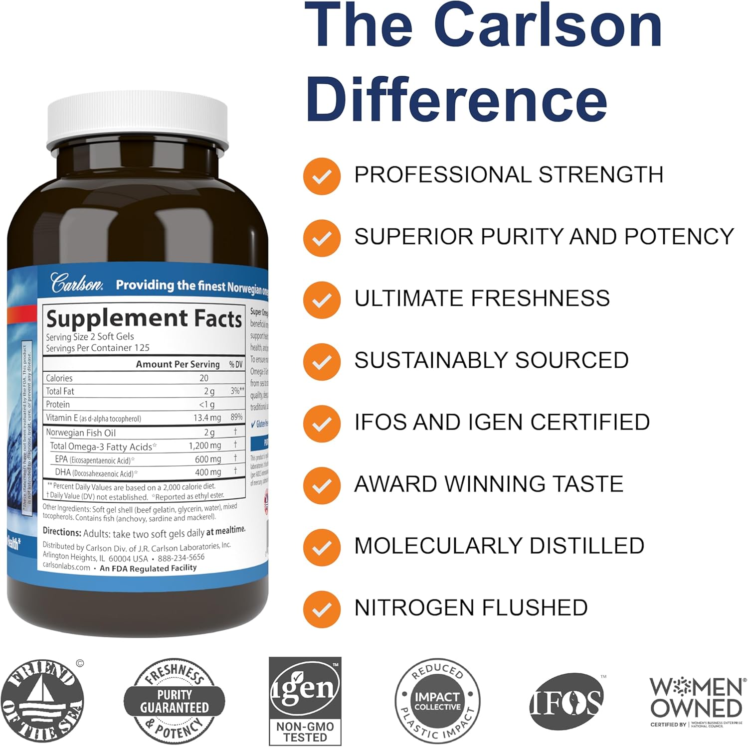 Carlson Super Omega-3 Gems 1200mg, Wild Caught, Sustainably Sourced - 250 Soft Gels