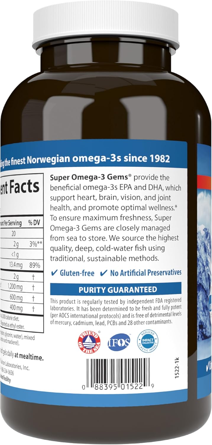 Carlson Super Omega-3 Gems 1200mg, Wild Caught, Sustainably Sourced - 250 Soft Gels