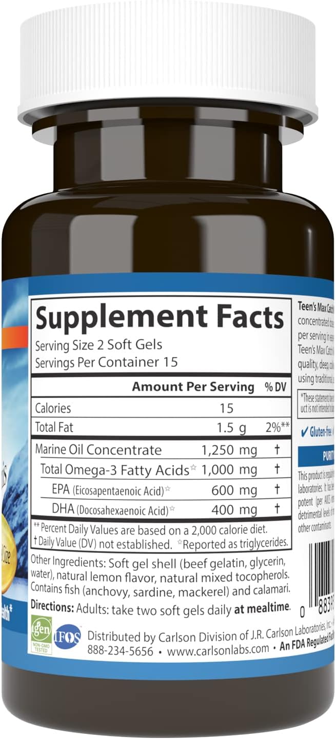 Carlson Teen's Max Catch Minis: Omega-3s for Brain, Vision, and Mood Health - 30 Softgels