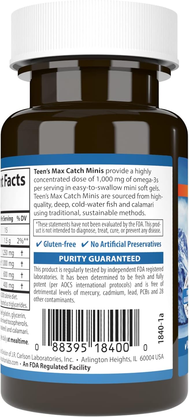 Carlson Teen's Max Catch Minis: Omega-3s for Brain, Vision, and Mood Health - 30 Softgels