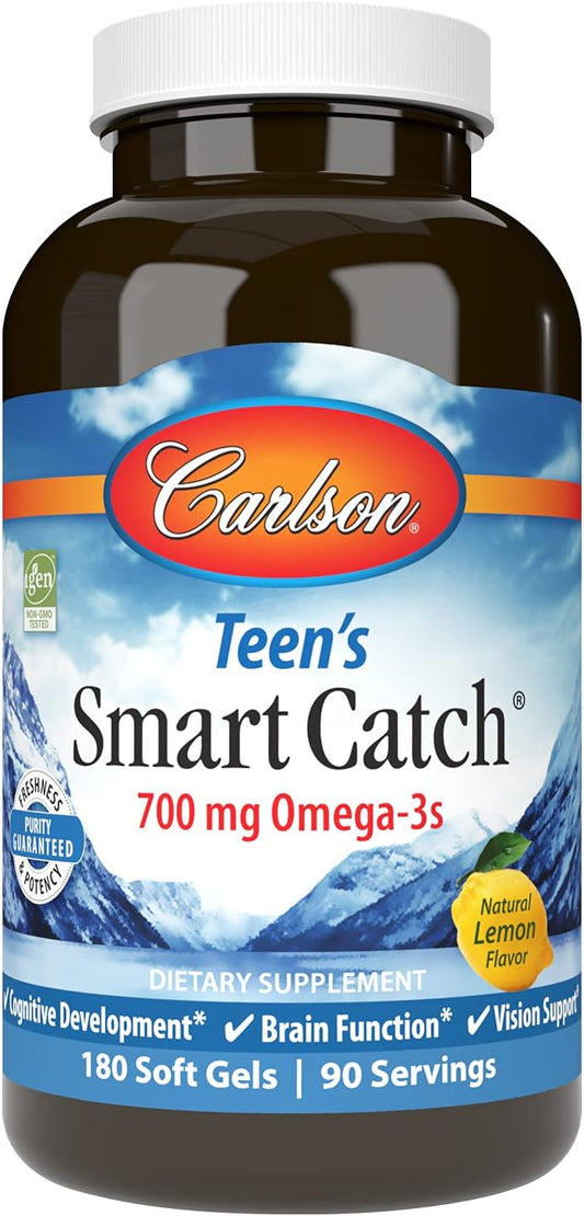 Carlson Teen's Smart Catch Omega-3s for Cognitive Development, Brain Function, and Vision Support - Lemon Flavor, 180 Softgels