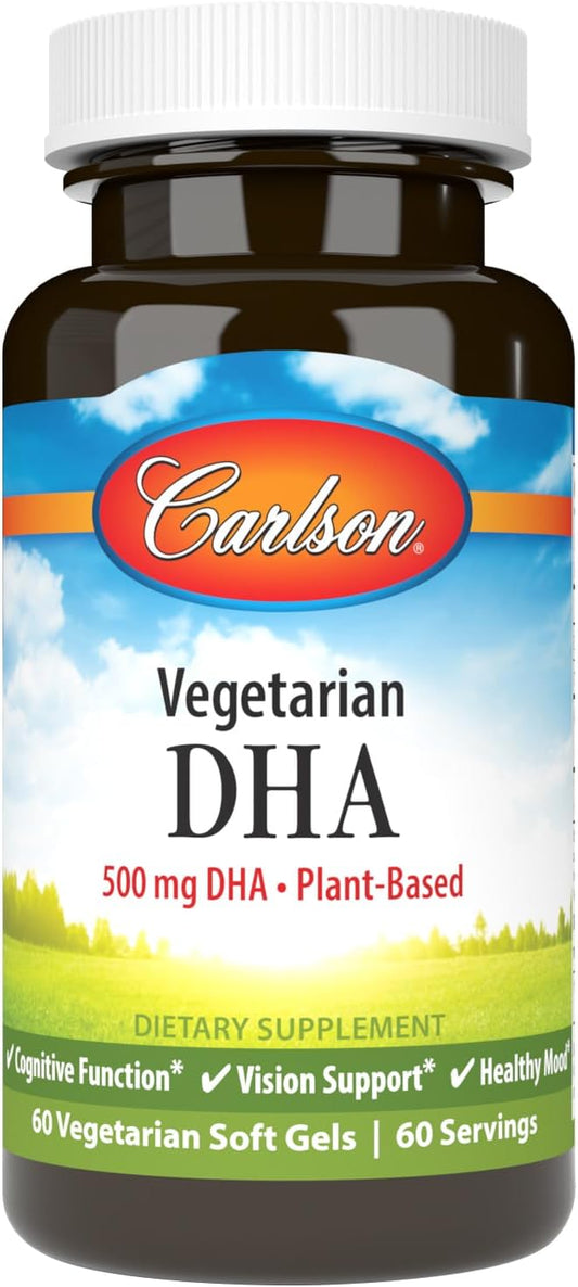 Carlson Vegetarian DHA Softgels - 500mg DHA, Plant-Based Brain and Mood Support from Sustainably Sourced Algae - 60 Count