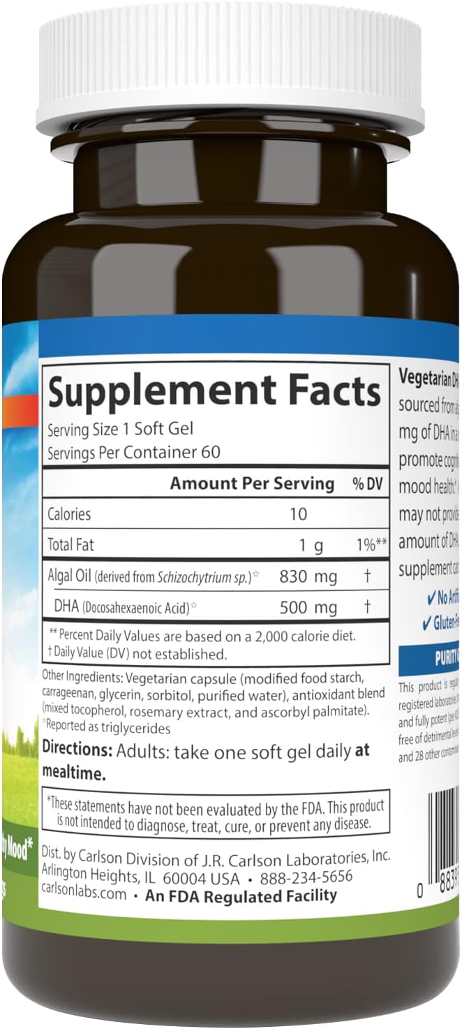 Carlson Vegetarian DHA Softgels - 500mg DHA, Plant-Based Brain and Mood Support from Sustainably Sourced Algae - 60 Count