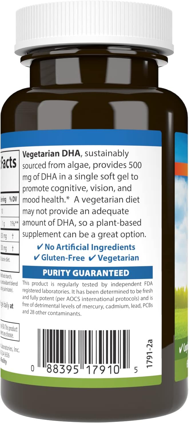 Carlson Vegetarian DHA Softgels - 500mg DHA, Plant-Based Brain and Mood Support from Sustainably Sourced Algae - 60 Count