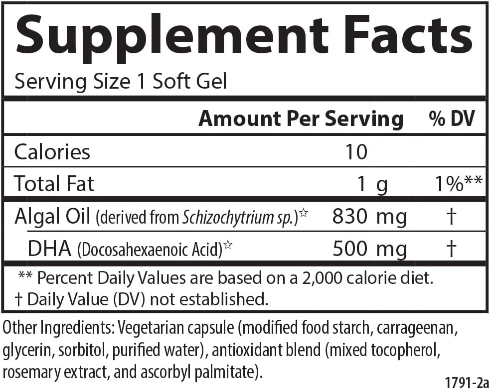 Carlson Vegetarian DHA Softgels - 500mg DHA, Plant-Based Brain and Mood Support from Sustainably Sourced Algae - 60 Count