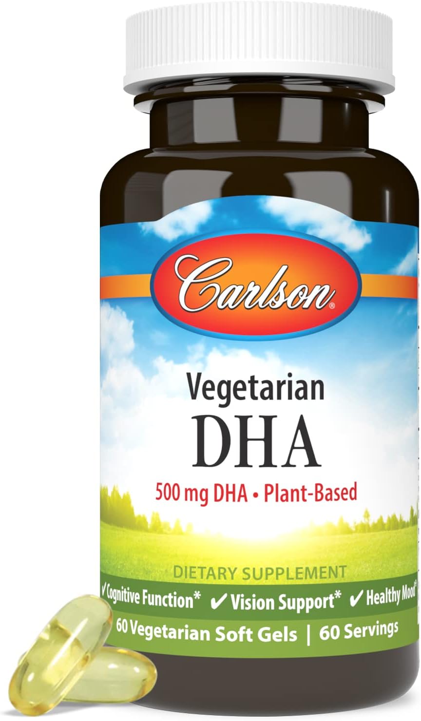 Carlson Vegetarian DHA Softgels - 500mg DHA, Plant-Based Brain and Mood Support from Sustainably Sourced Algae - 60 Count