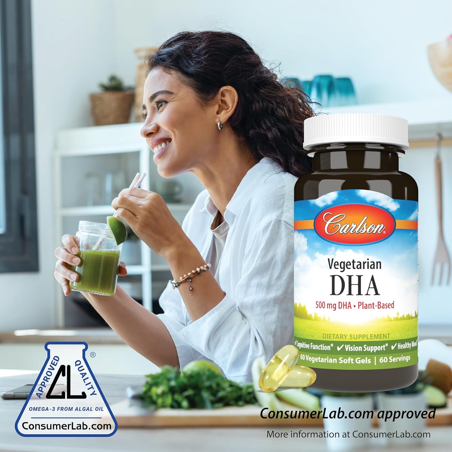 Carlson Vegetarian DHA Softgels - 500mg DHA, Plant-Based Brain and Mood Support from Sustainably Sourced Algae - 60 Count