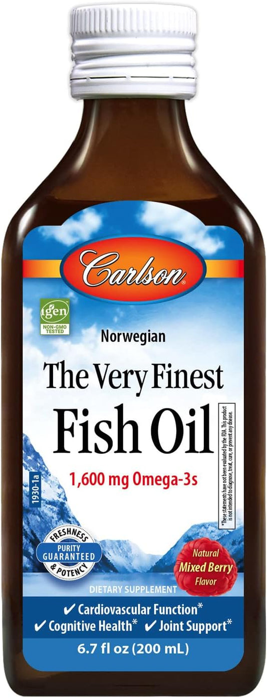Carlson Very Finest Liquid Fish Oil Supplement, 1600 mg Omega-3s, Norwegian Wild-Caught Berry Flavor, 200 mL