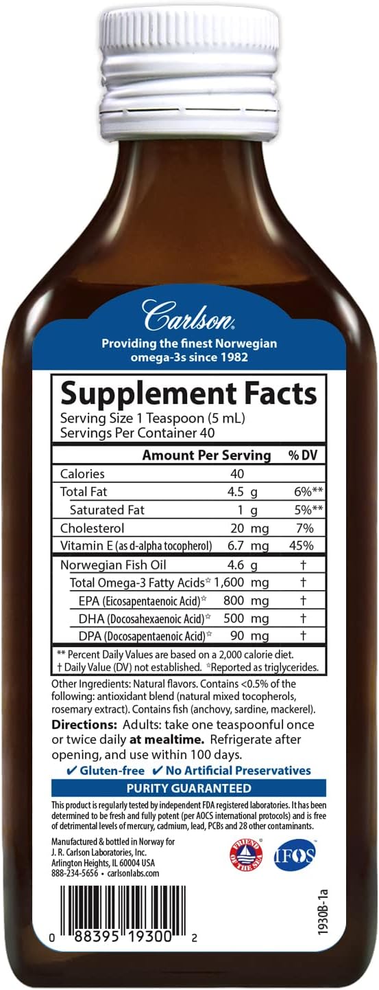 Carlson Very Finest Liquid Fish Oil Supplement, 1600 mg Omega-3s, Norwegian Wild-Caught Berry Flavor, 200 mL