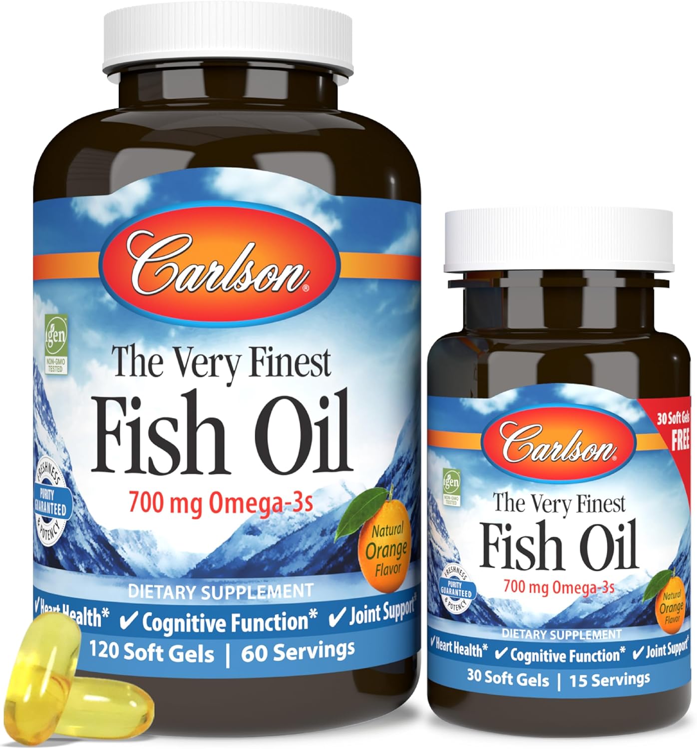 Carlson Very Finest Norwegian Fish Oil Capsules, 700mg Omega-3s, Wild Caught & Sustainably Sourced, Orange, 150 Softgels