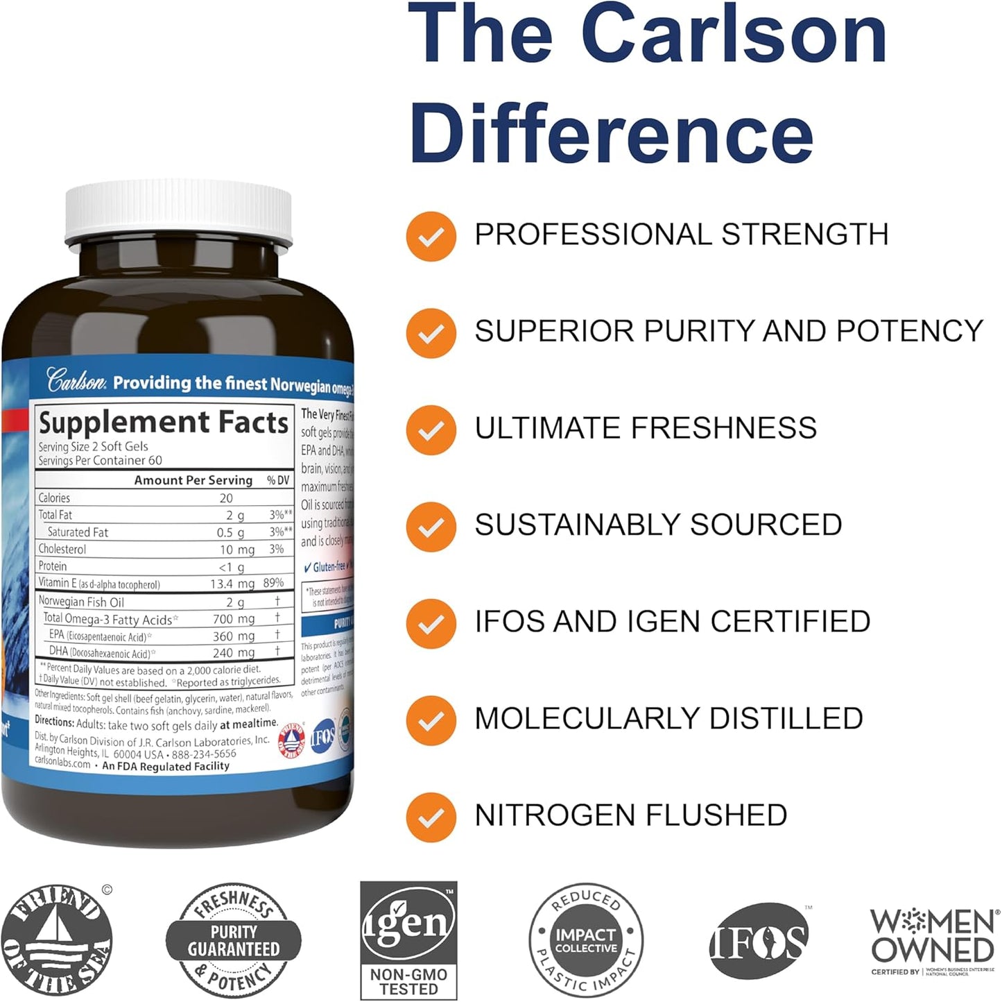 Carlson Very Finest Norwegian Fish Oil Capsules, 700mg Omega-3s, Wild Caught & Sustainably Sourced, Orange, 150 Softgels