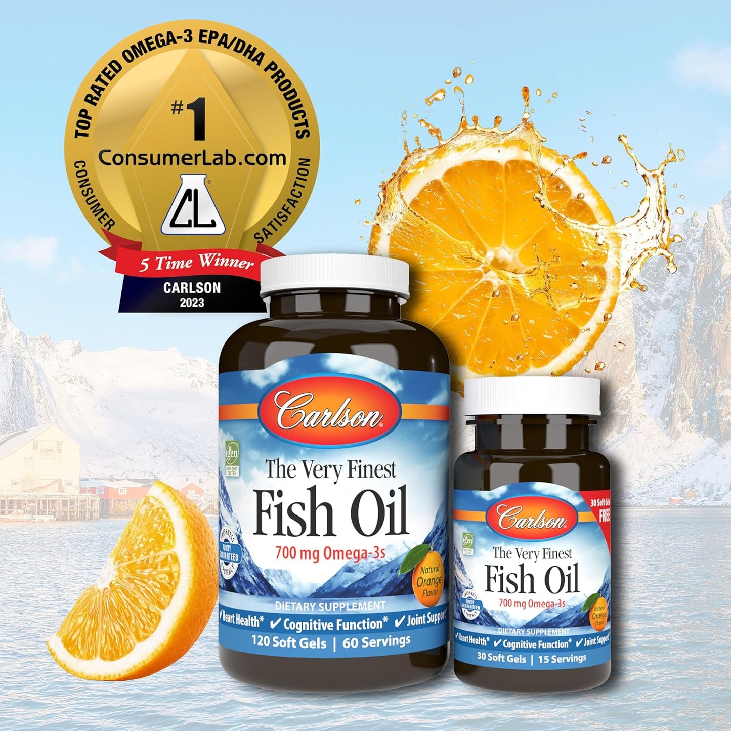 Carlson Very Finest Norwegian Fish Oil Capsules, 700mg Omega-3s, Wild Caught & Sustainably Sourced, Orange, 150 Softgels