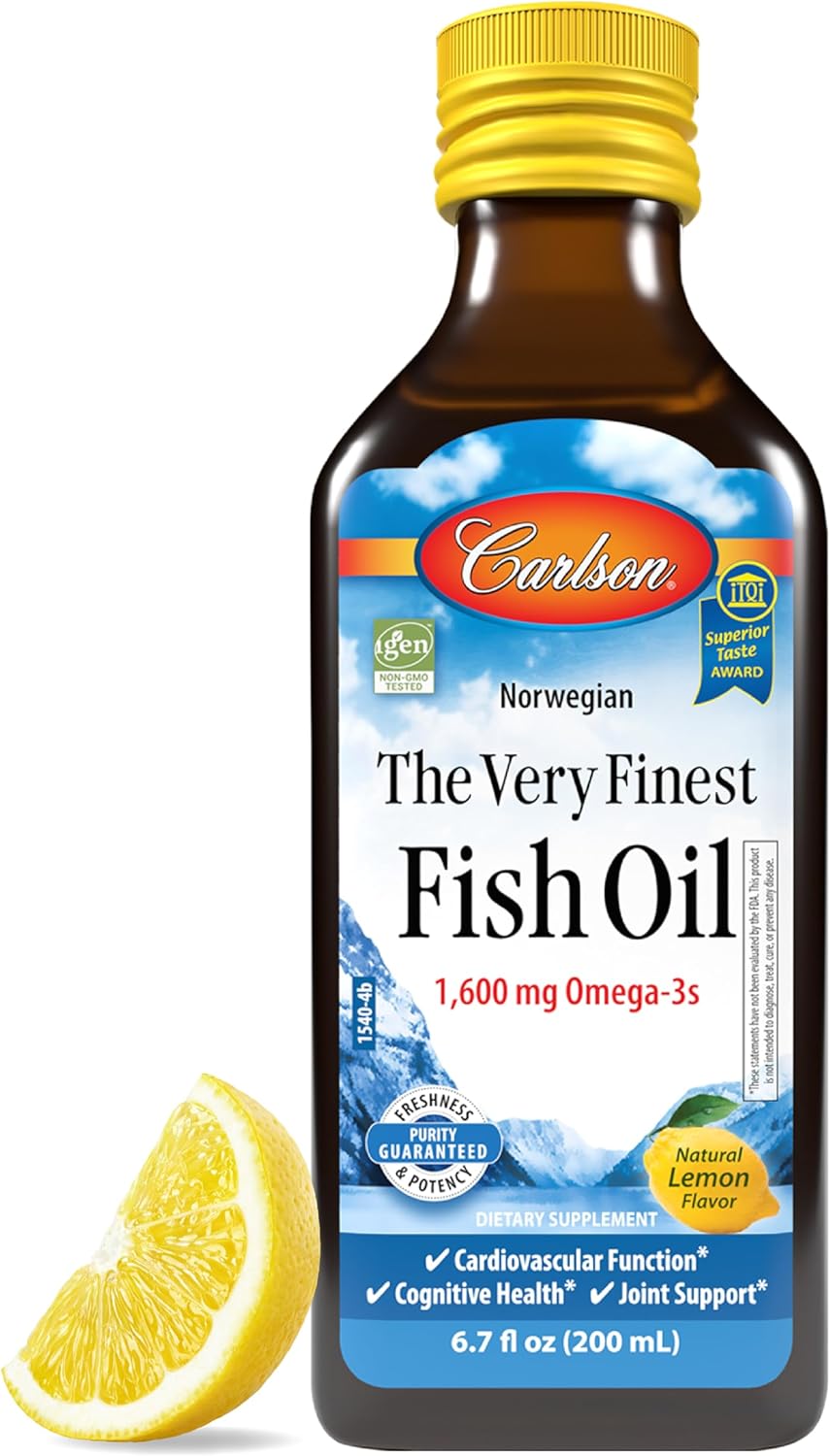 Carlson Very Finest Norwegian Fish Oil Supplement, 1600mg Omega-3s, Liquid, Wild-Caught, Sustainably Sourced, Lemon Flavor, 200ml