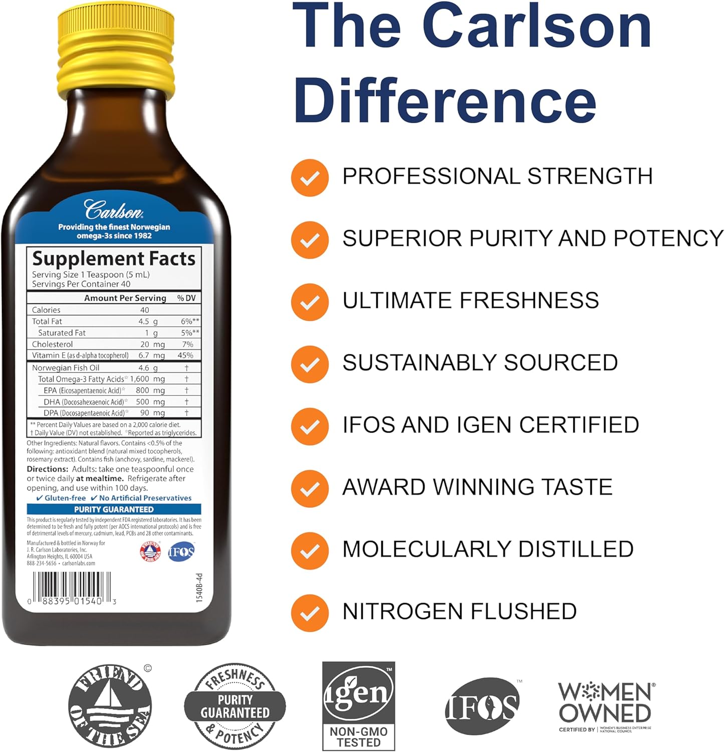 Carlson Very Finest Norwegian Fish Oil Supplement, 1600mg Omega-3s, Liquid, Wild-Caught, Sustainably Sourced, Lemon Flavor, 200ml