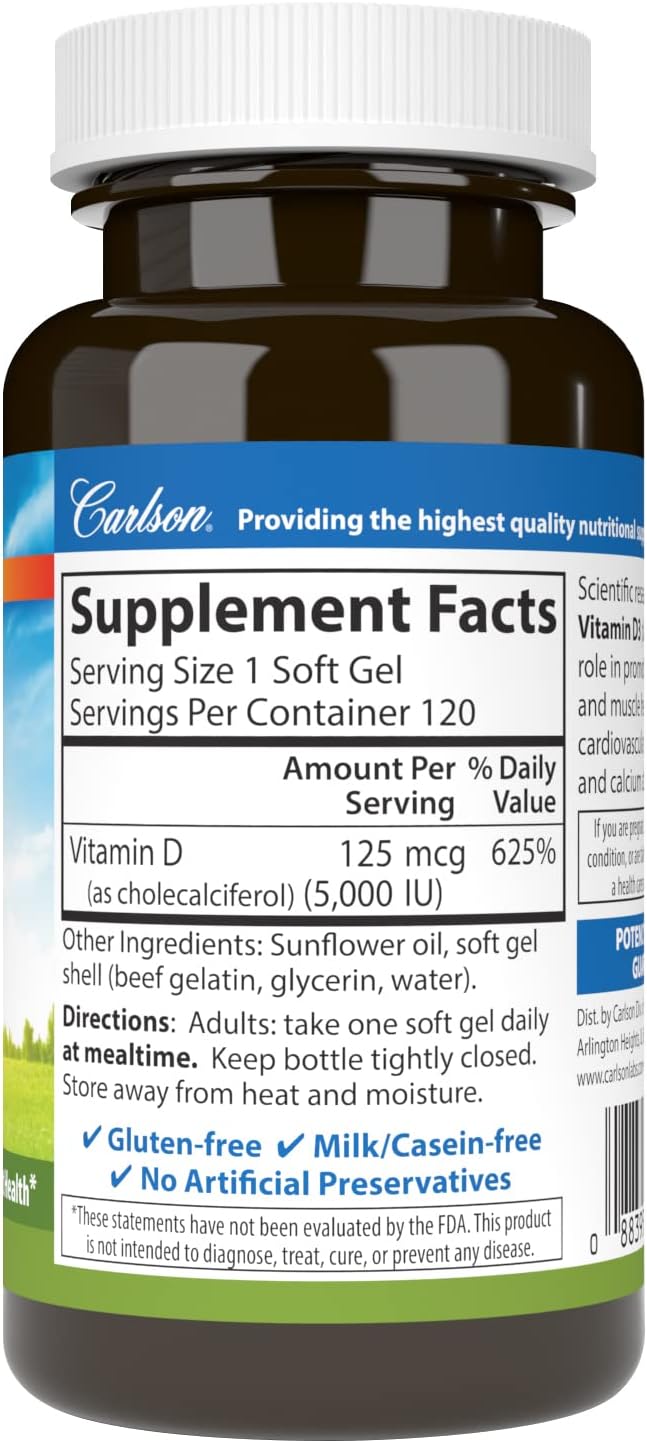 Carlson Vitamin D3 5000 IU Soft Gels for Bone and Muscle Health - 120 Count