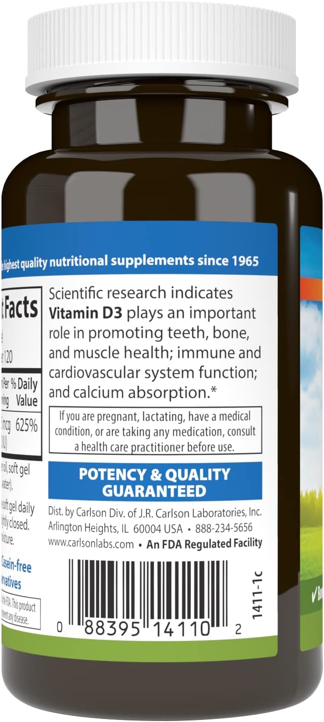 Carlson Vitamin D3 5000 IU Soft Gels for Bone and Muscle Health - 120 Count