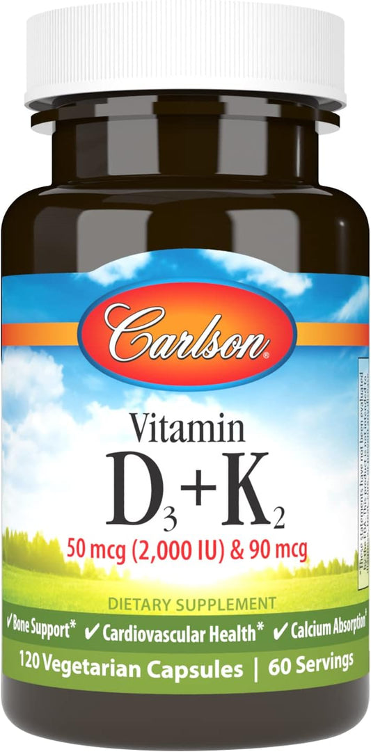 Carlson Vitamin D3 + K2 Capsules for Bone Support and Calcium Absorption - 120 Count