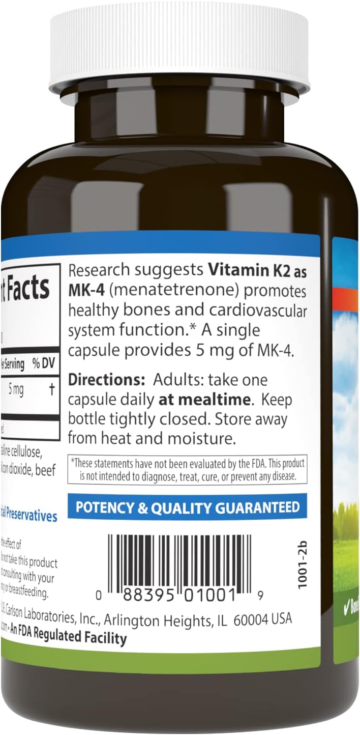 Carlson Vitamin K2 MK-4 Supplement for Bone & Heart Health - 180 Capsules, Soy-free Formula