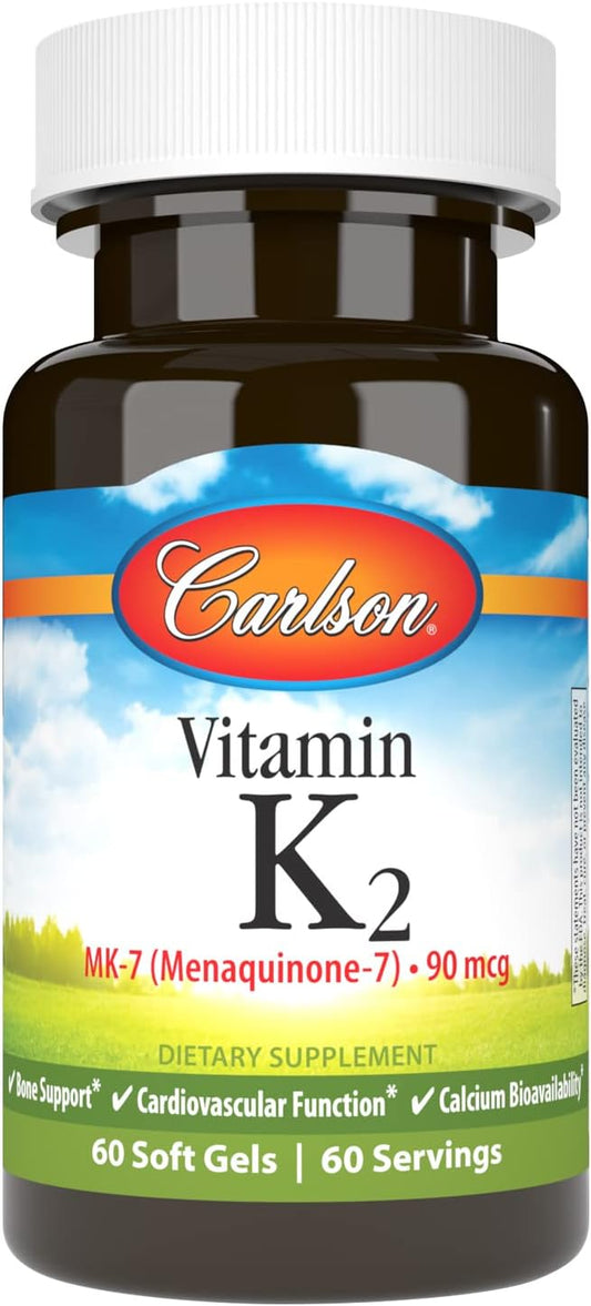 Carlson Vitamin K2 MK-7 90 mcg Softgels for Bone Support and Calcium Bioavailability