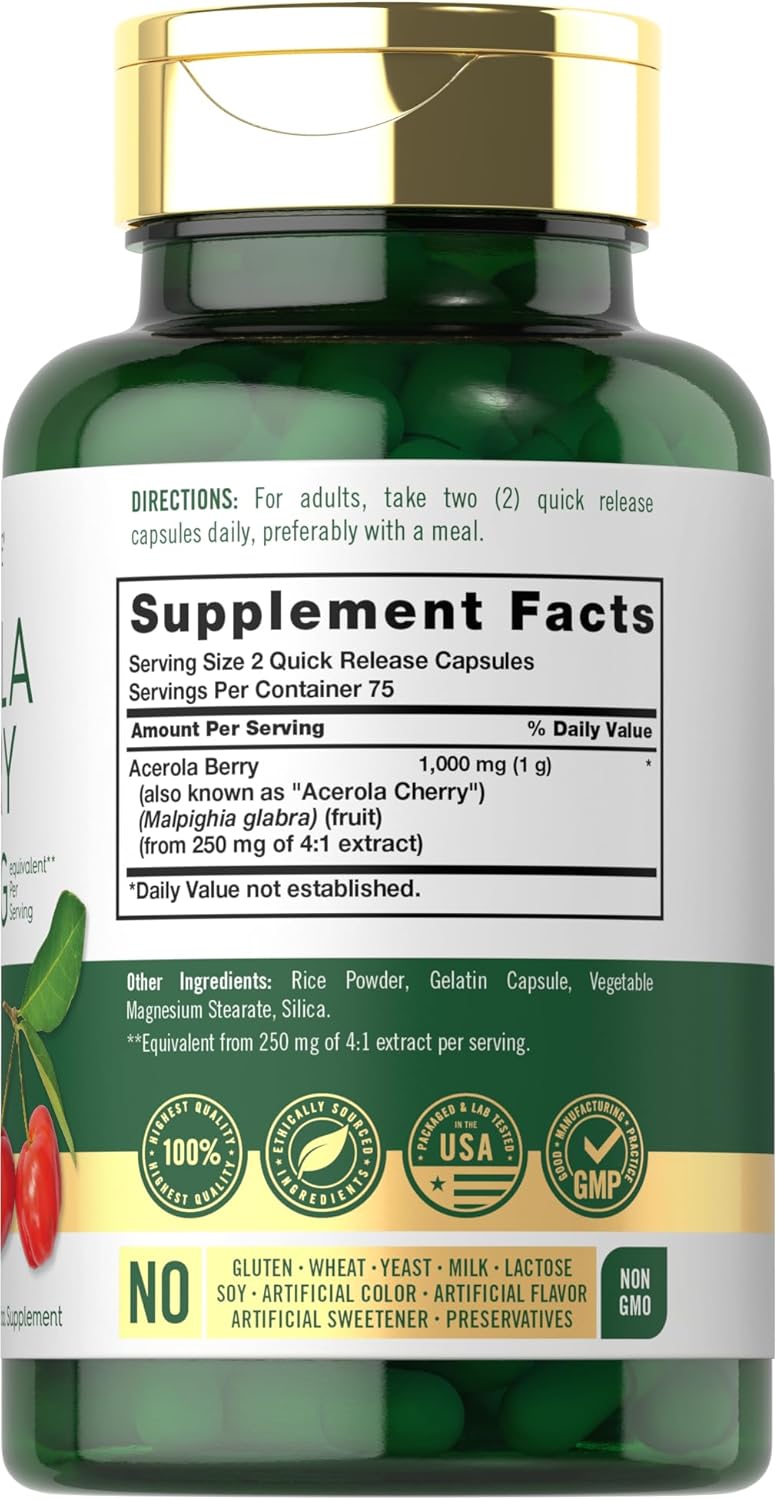Carlyle Acerola Cherry Capsules - 1000mg - 150 Count - Non-GMO & Gluten Free Extract - Acerola Berry Supplement