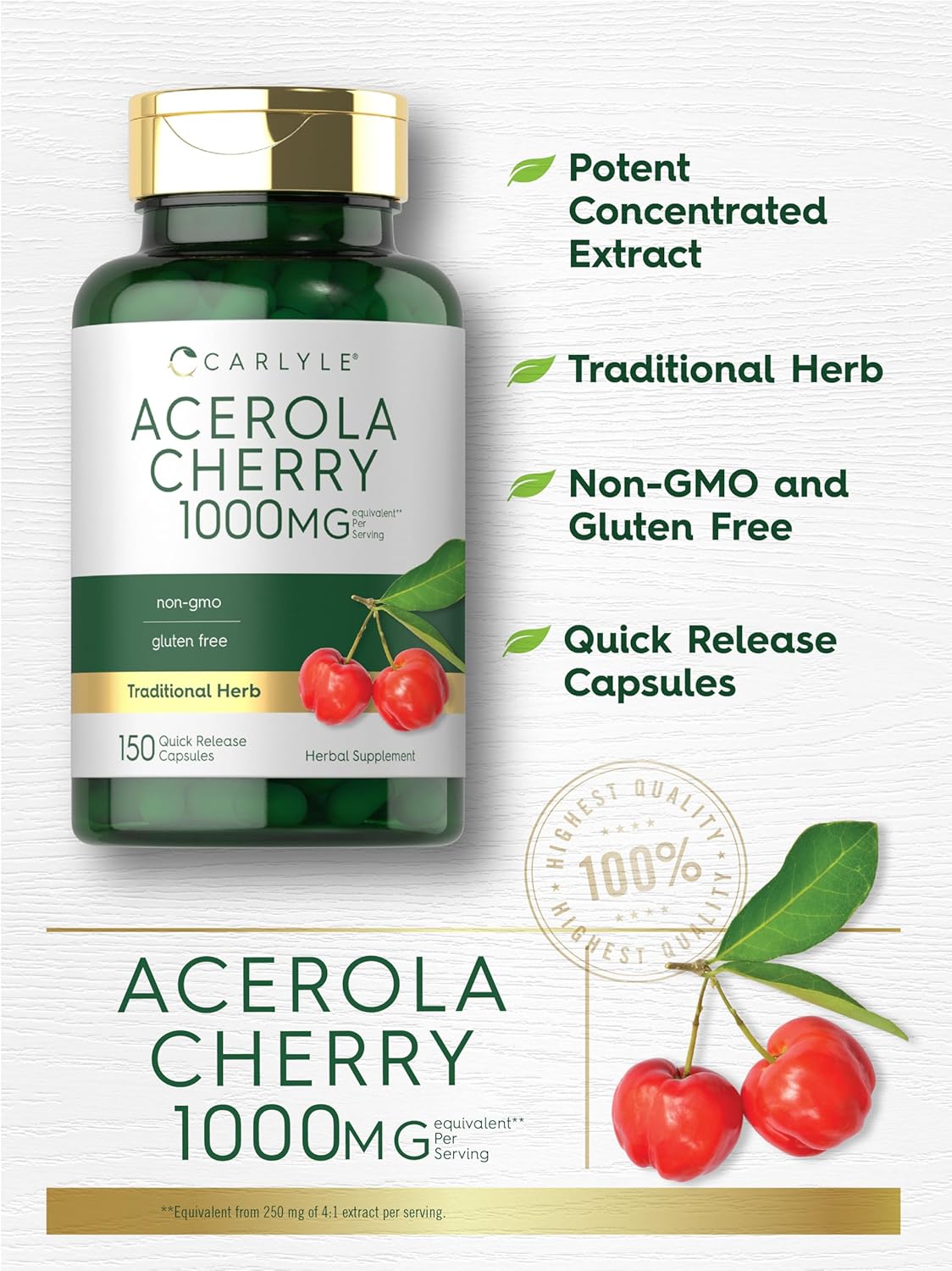 Carlyle Acerola Cherry Capsules - 1000mg - 150 Count - Non-GMO & Gluten Free Extract - Acerola Berry Supplement