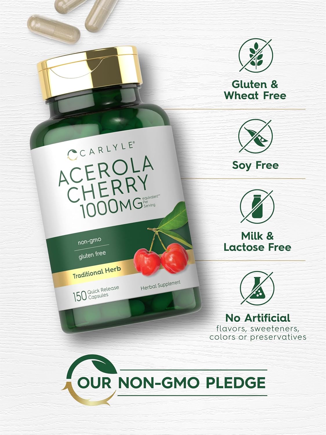 Carlyle Acerola Cherry Capsules - 1000mg - 150 Count - Non-GMO & Gluten Free Extract - Acerola Berry Supplement