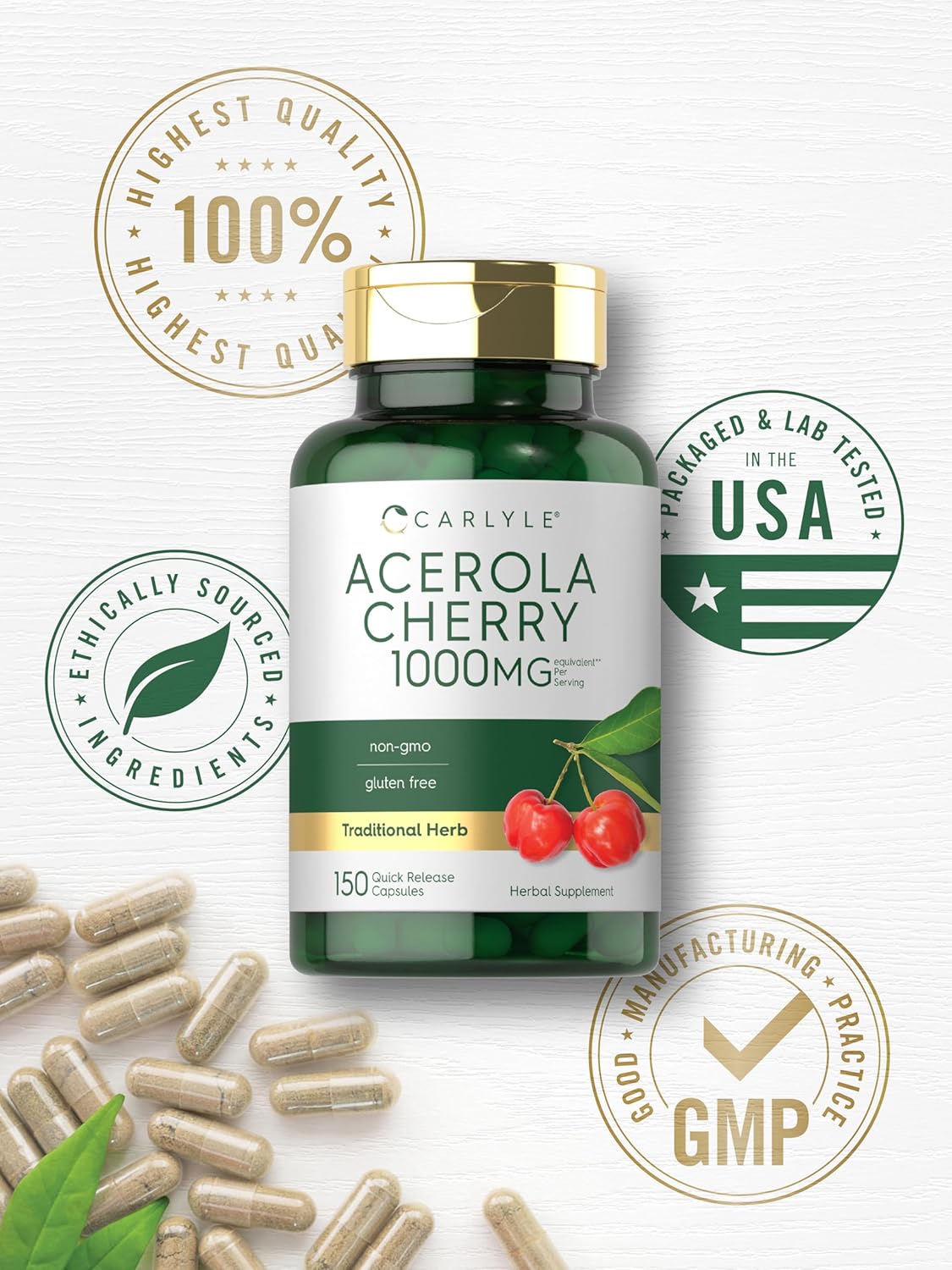 Carlyle Acerola Cherry Capsules - 1000mg - 150 Count - Non-GMO & Gluten Free Extract - Acerola Berry Supplement