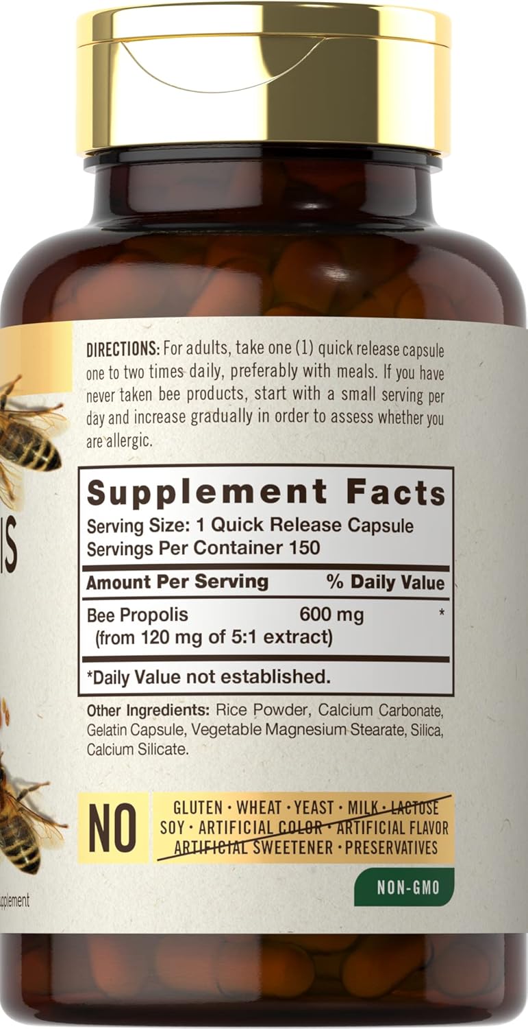 Carlyle Bee Propolis Capsules 600mg - 150 Count - Extract Supplement - Non-GMO and Gluten-Free