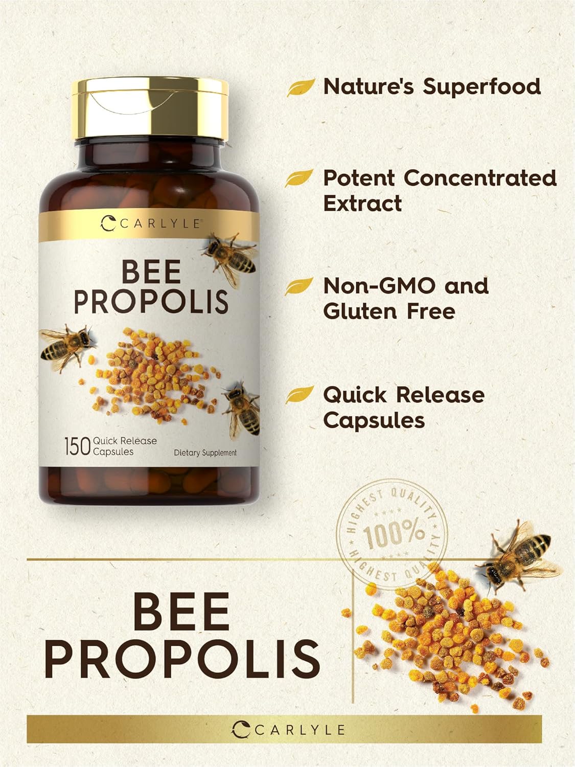 Carlyle Bee Propolis Capsules 600mg - 150 Count - Extract Supplement - Non-GMO and Gluten-Free