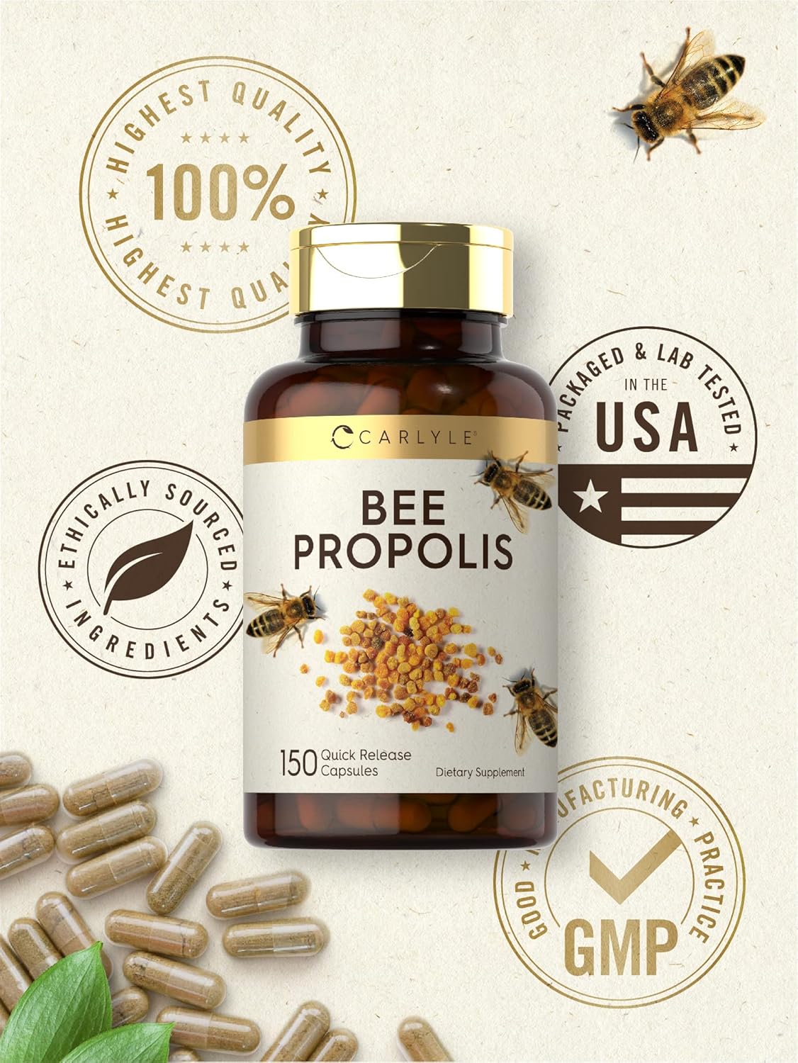 Carlyle Bee Propolis Capsules 600mg - 150 Count - Extract Supplement - Non-GMO and Gluten-Free