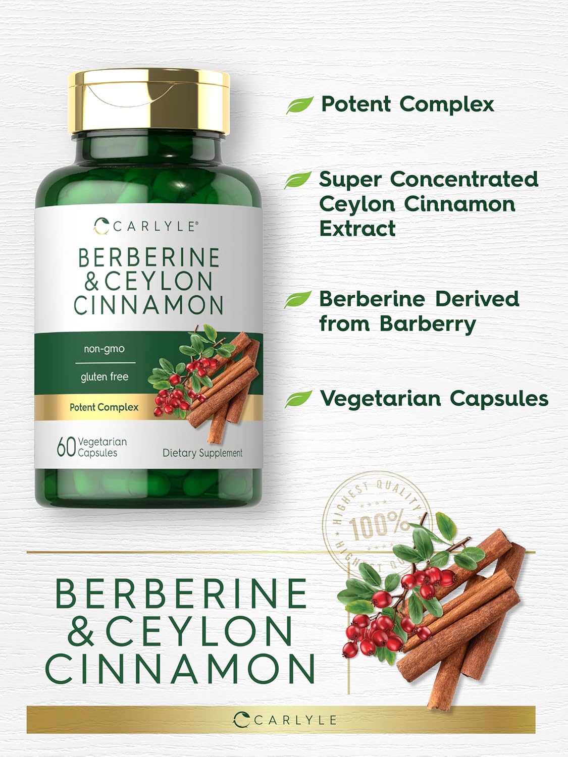 Carlyle Berberine Ceylon Cinnamon Complex 2000mg | 60 Capsules | Vegetarian, Non-GMO, Gluten-Free