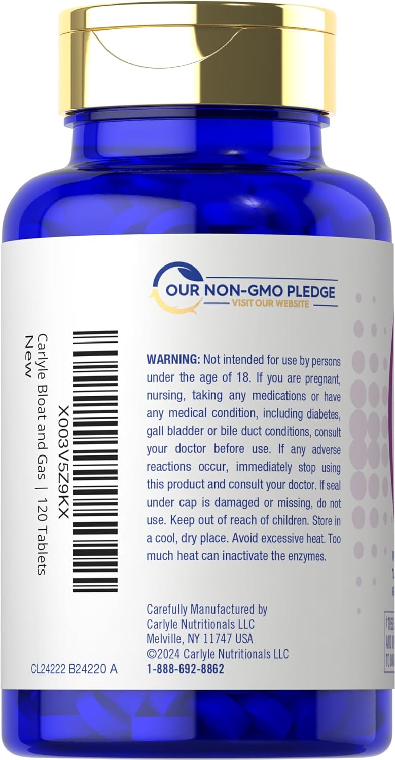 Carlyle Bloat and Gas Relief Supplement | 120 Tablets | Extra Strength Pills with Enzymes, Turmeric, Ginger | Non-GMO & Vegetarian Formula for Men and Women