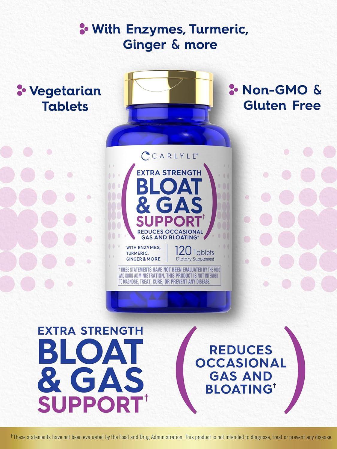 Carlyle Bloat and Gas Relief Supplement | 120 Tablets | Extra Strength Pills with Enzymes, Turmeric, Ginger | Non-GMO & Vegetarian Formula for Men and Women