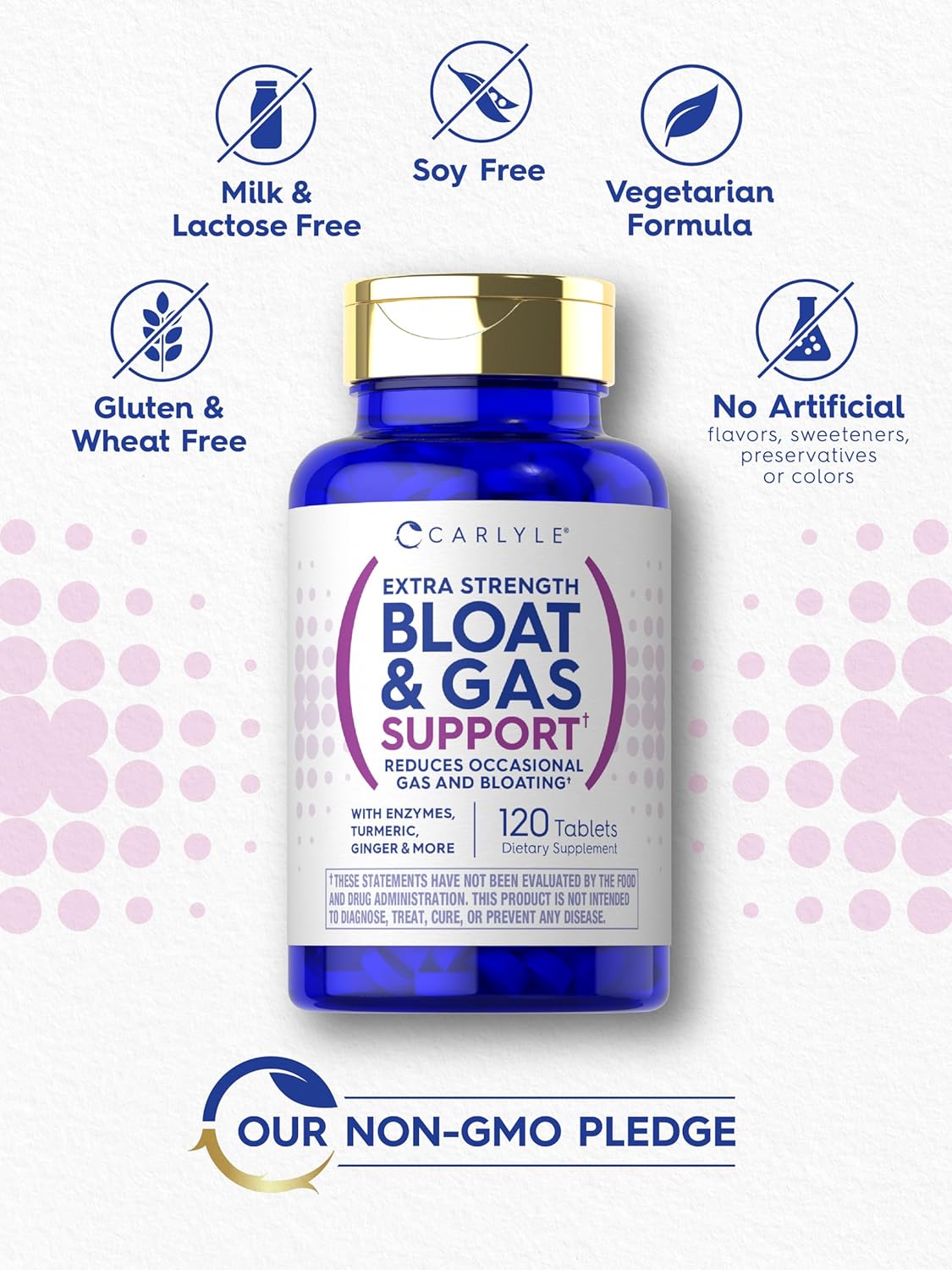 Carlyle Bloat and Gas Relief Supplement | 120 Tablets | Extra Strength Pills with Enzymes, Turmeric, Ginger | Non-GMO & Vegetarian Formula for Men and Women