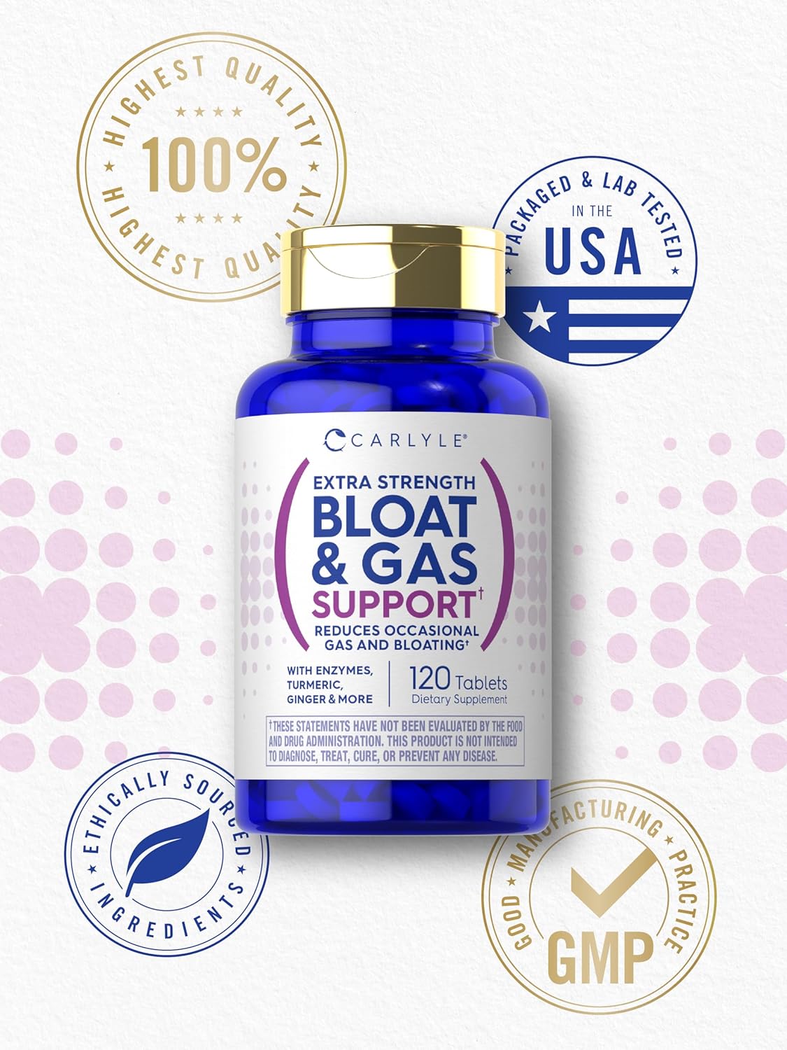 Carlyle Bloat and Gas Relief Supplement | 120 Tablets | Extra Strength Pills with Enzymes, Turmeric, Ginger | Non-GMO & Vegetarian Formula for Men and Women
