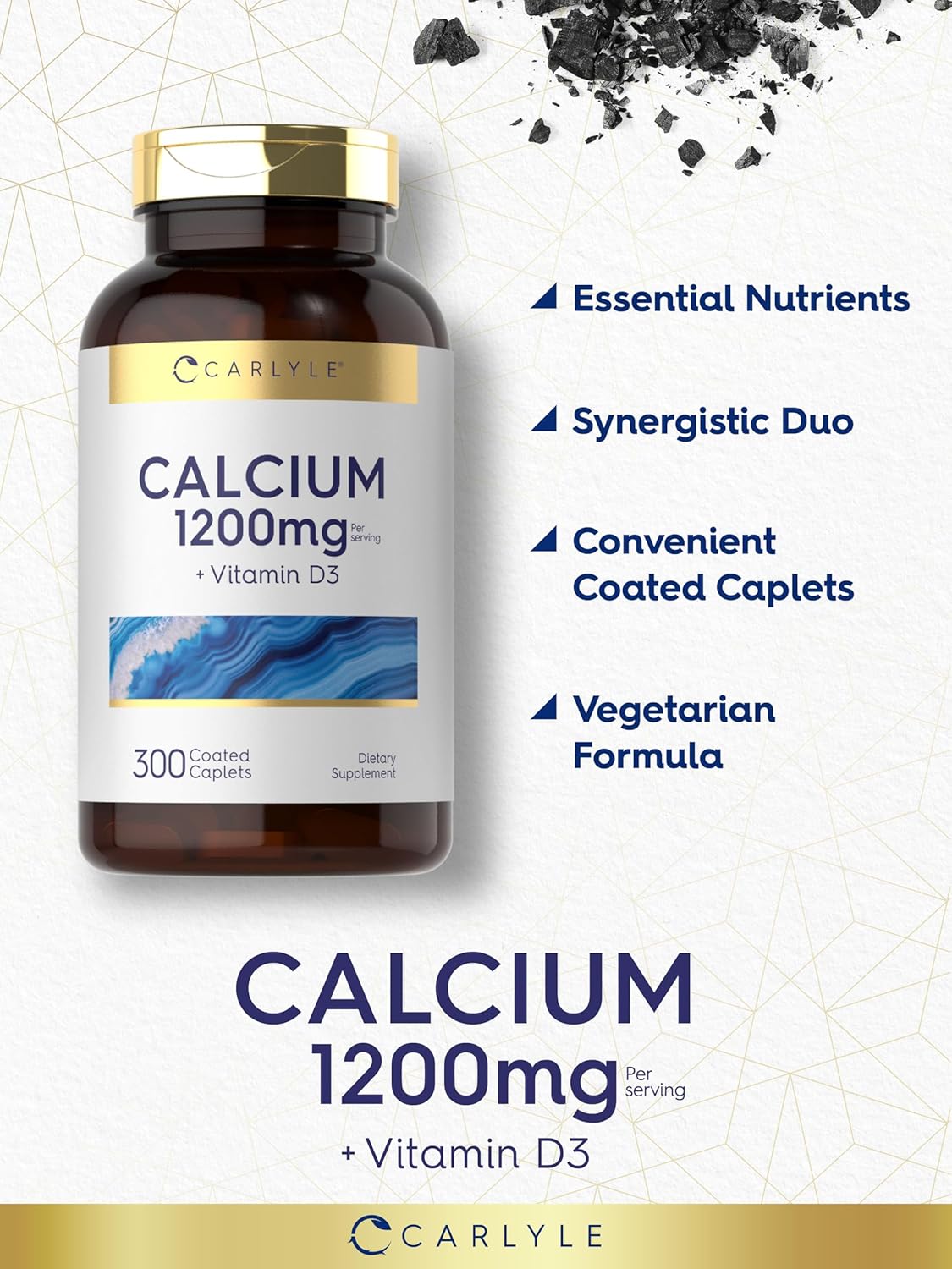 Carlyle Calcium 1200mg with Vitamin D3 Caplets - 300 Count | Non-GMO, Gluten Free, Vegetarian Formula