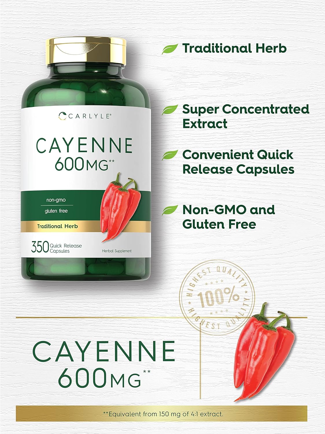 Carlyle Cayenne Pepper Capsules 600mg - Non-GMO, Gluten Free - 350 Pills