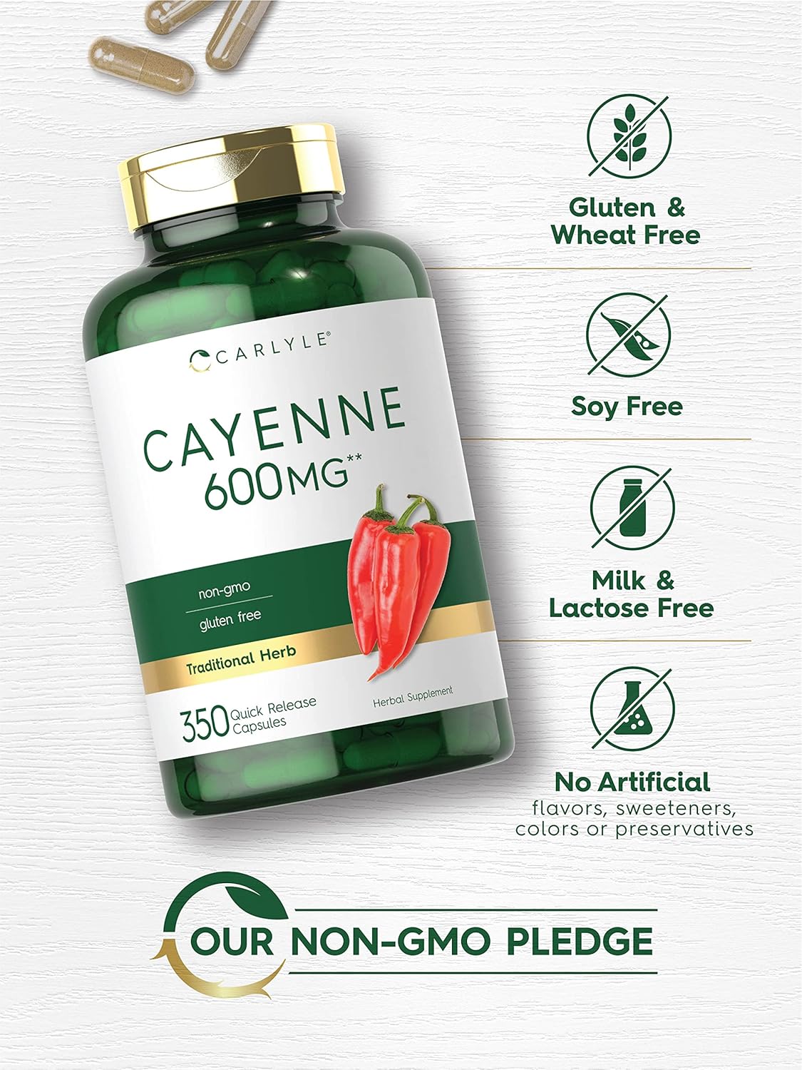 Carlyle Cayenne Pepper Capsules 600mg - Non-GMO, Gluten Free - 350 Pills