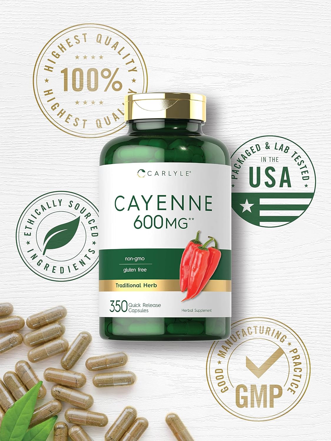 Carlyle Cayenne Pepper Capsules 600mg - Non-GMO, Gluten Free - 350 Pills