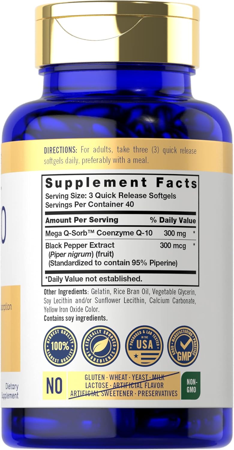 Carlyle CoQ10 300mg Softgels with Black Pepper Extract - 120 Count, Non-GMO & Gluten Free Formula