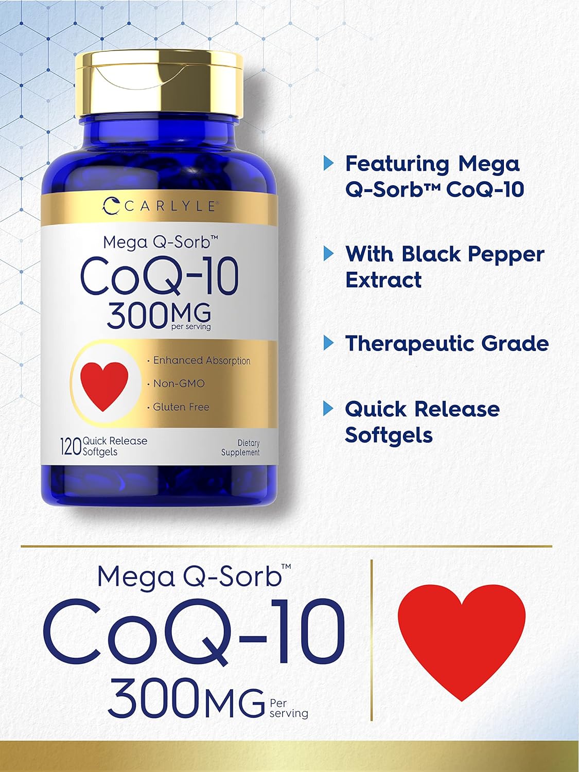 Carlyle CoQ10 300mg Softgels with Black Pepper Extract - 120 Count, Non-GMO & Gluten Free Formula