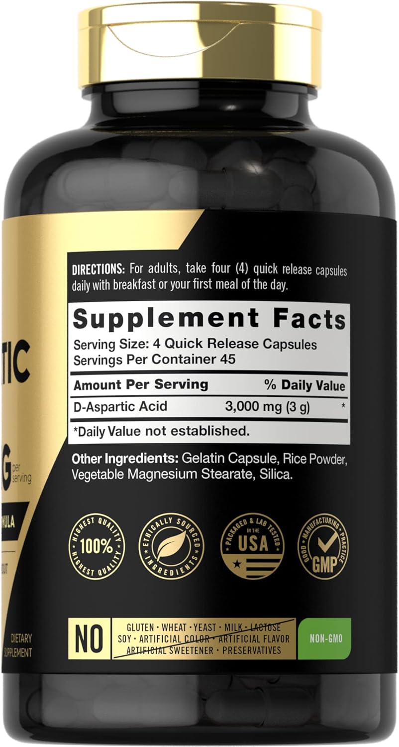 Carlyle DAA Capsules 3000mg 180 Count Non-GMO Gluten Free Advanced Athlete Supplement
