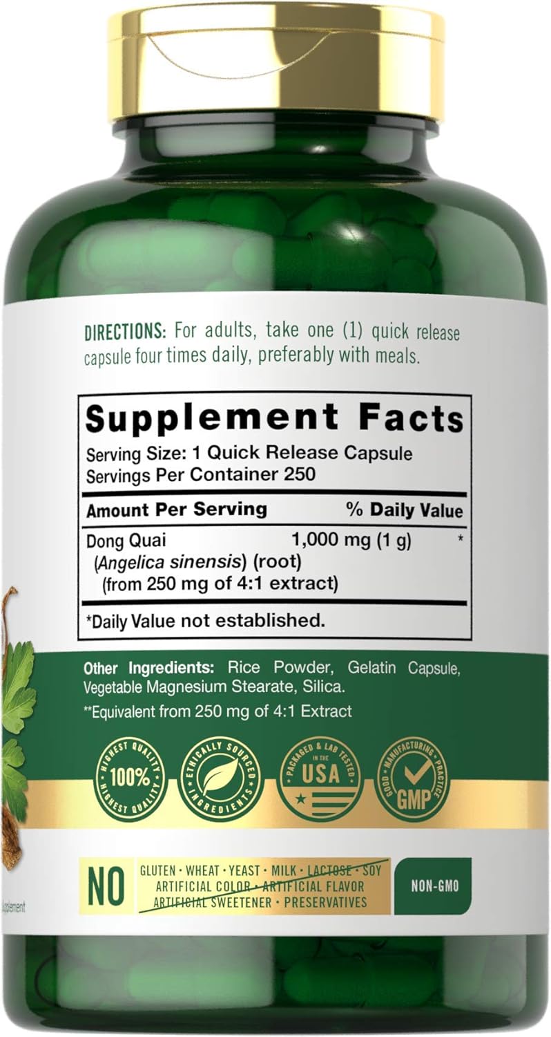 Carlyle Dong Quai Capsules 1000mg 250 Count Non-GMO & Gluten Free Herbal Supplement