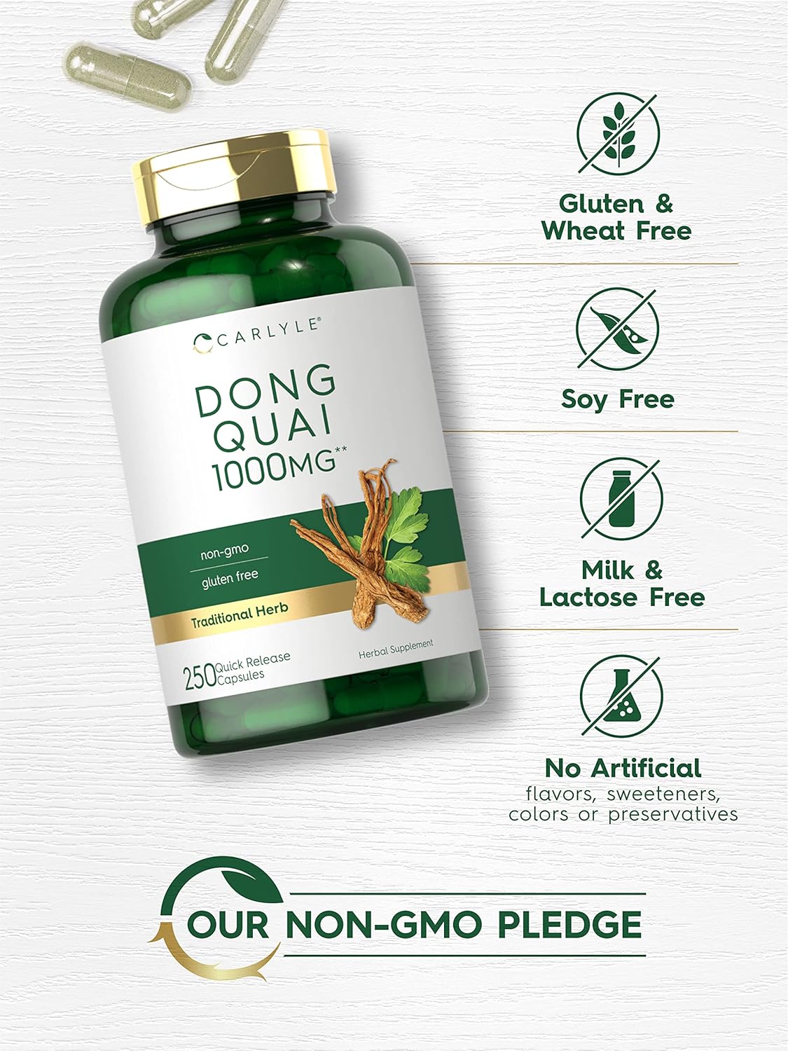 Carlyle Dong Quai Capsules 1000mg 250 Count Non-GMO & Gluten Free Herbal Supplement